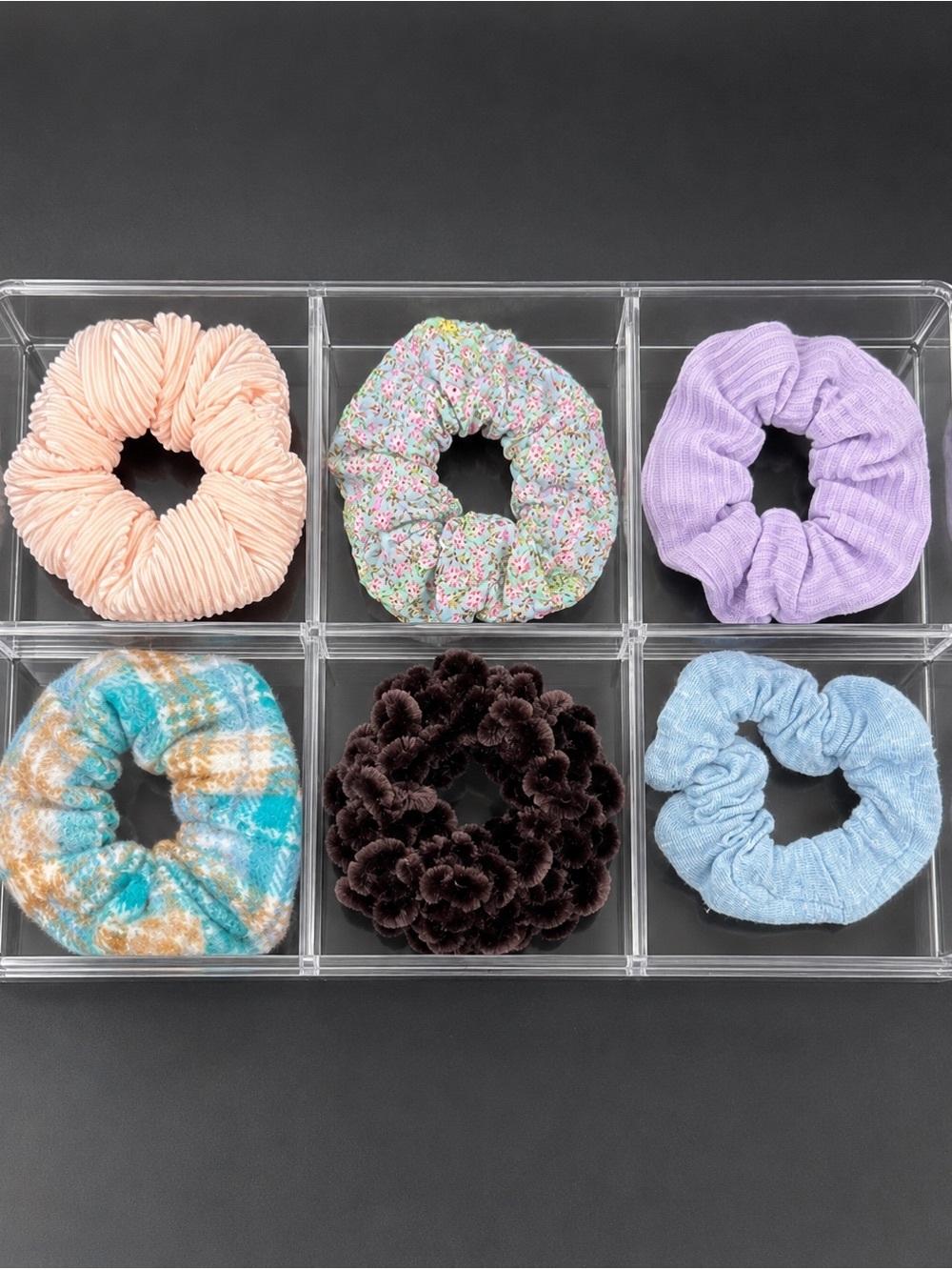 6 Pc Hair Scrunchies Set Pastel Ribbed Knit Plaid Floral Velvet Plaid Hair Ties